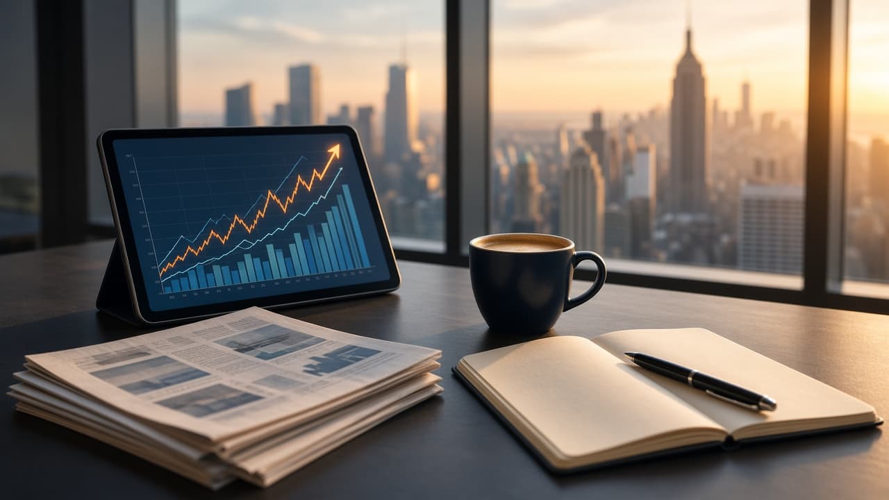Office desk overlooking a city skyline with a tablet showing rising market charts and a newspaper