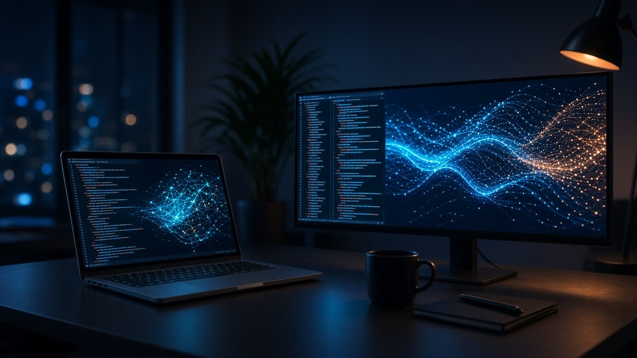 Night-time workspace with a laptop and monitor showing neural network visualizations